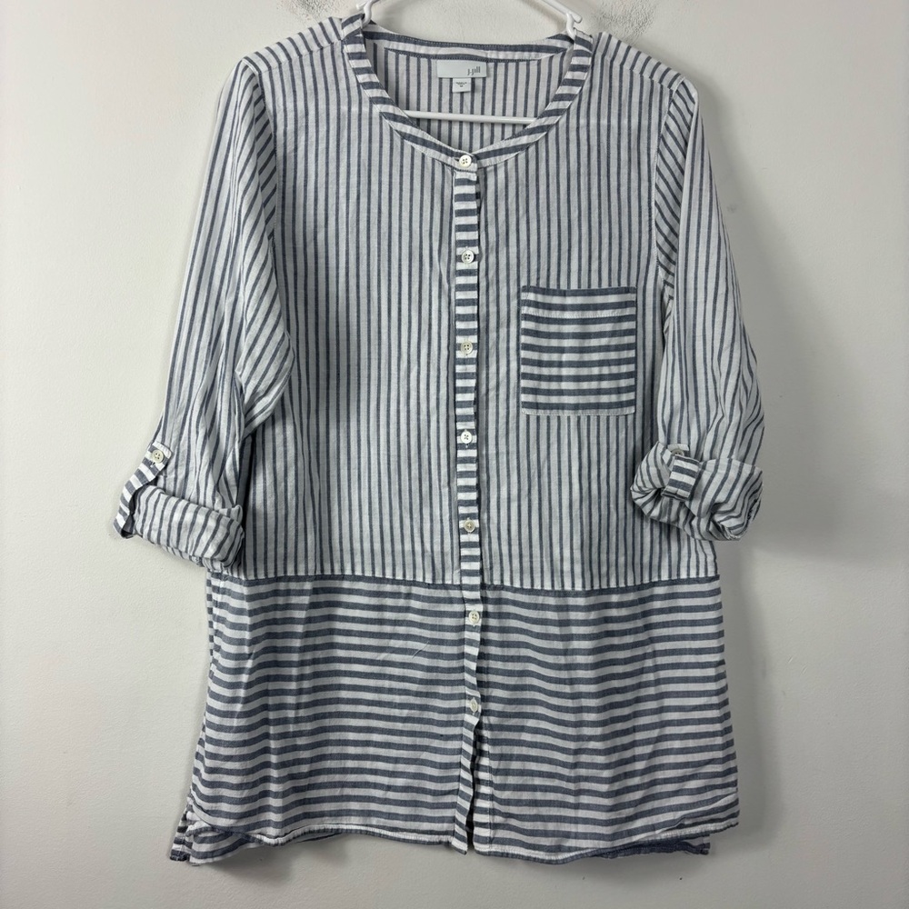 J. Jill Striped Button Up Womens M Mixed Print Roll Tab Sleeve Coastal Beach